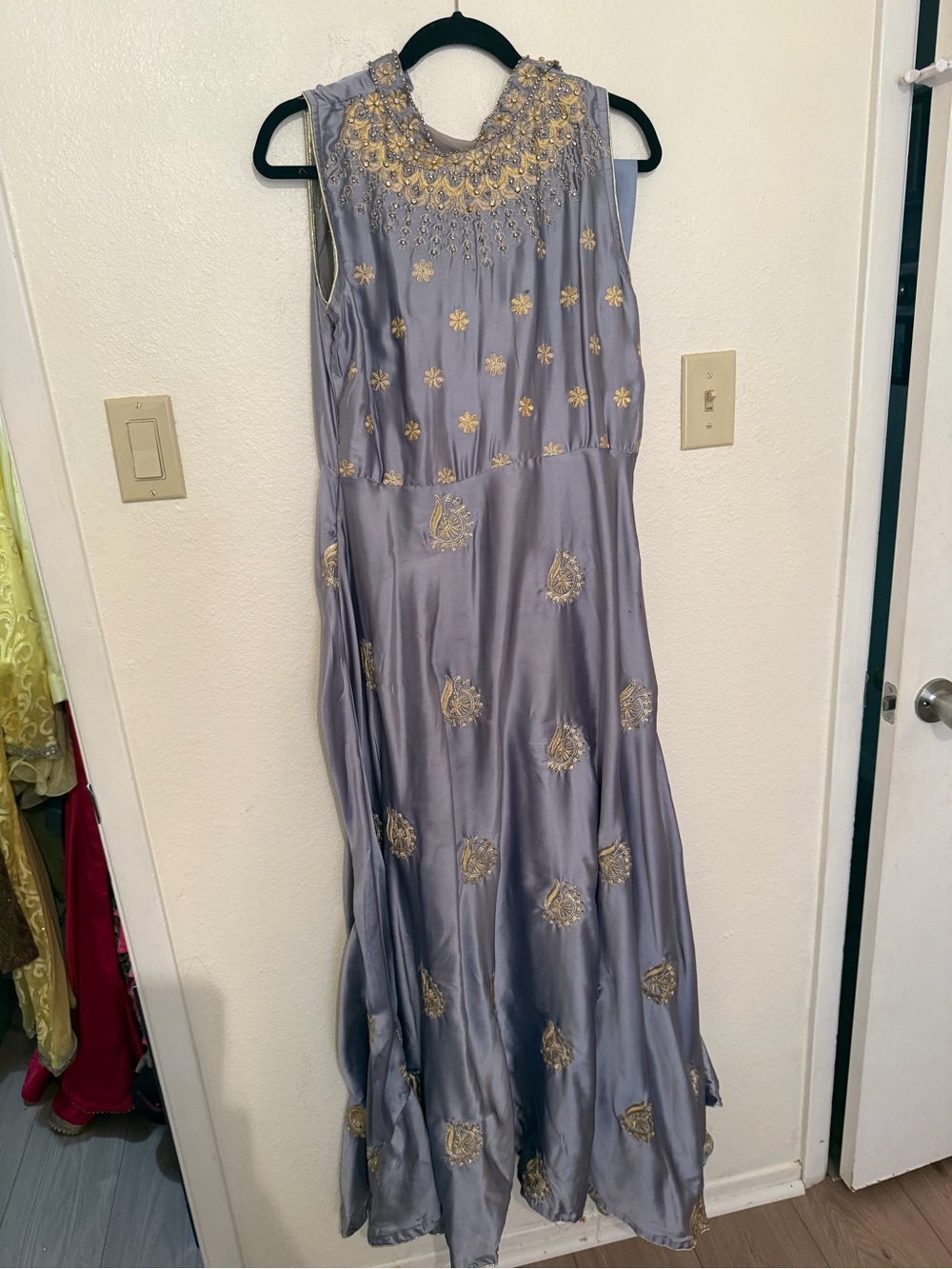 2 pieces: Pakistani Embroidered Lavender Satin Maxi Dress with Gold Accents